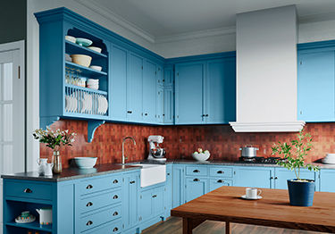 Attractive Dining Room with Blue Cabinets