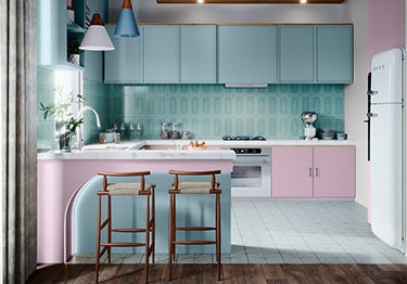 Pastel Kitchen Colour Combination with Wood Finishes