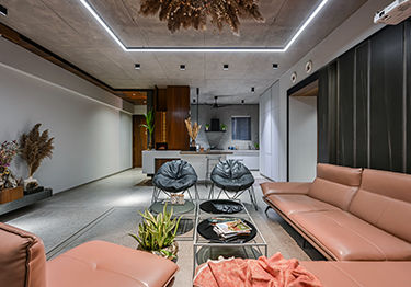Trendy Dual-toned Living Room with Chic Leather Sofa
